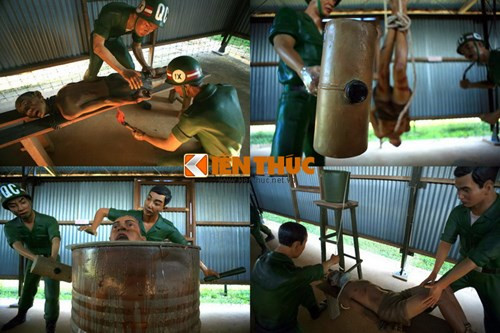 ...Đốt bộ hạ (trên trái), treo lên trần nhà để đánh (trên phải), gõ thùng (dưới trái), làm ngạt bằng nước xà phòng (dưới phải)...