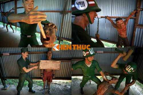 Điều khủng khiếp nhất ở trại tù Phú Quốc chính là những đòn tra tấn cực kỳ man rợ của bọn quân cảnh. Theo thống kê, chúng sử dụng đến 45 hình thức tra tấn, từ cổ xưa đến hiện đại như đục răng (trên trái), đánh bằng roi cá đuối (trên phải), ép bằng ván (dưới trái), đánh đập bằng dùi cui, chày vồ (dưới phải)...