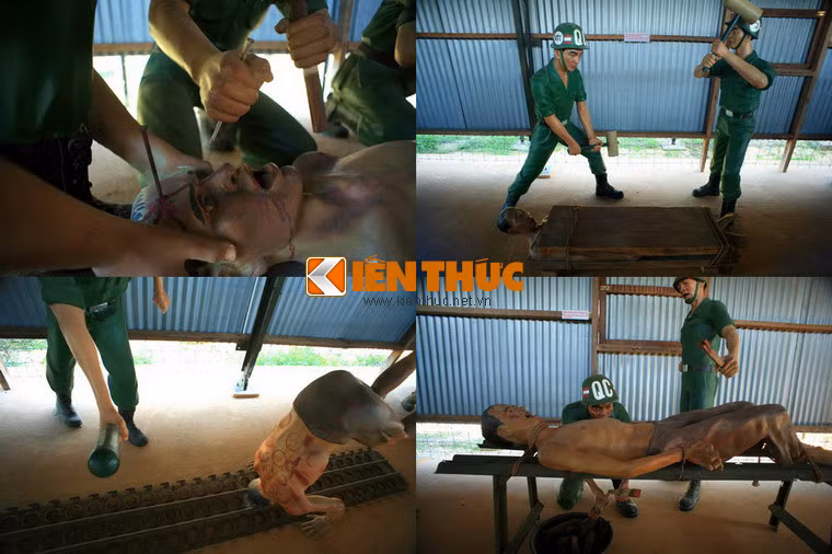 ...Đóng đinh vào cơ thể (trên trái), kẹp dưới ván lấy búa đập (trên phải), lộn vỉ sắt (dưới trái), nướng trên giàn lửa (dưới phải)...