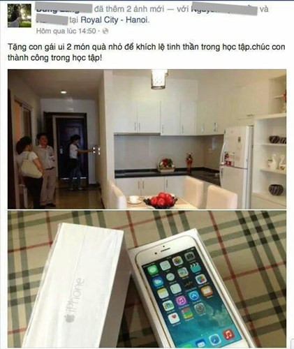 Mới đây, trên trang cá nhân của một người đàn ông có nickname D.L.T mới đây đăng một loạt hình ảnh kèm dòng chú thích gây sốc... Để khích lệ tinh thần học tập của con gái, ông bố này mua hẳn một căn hộ hạng sang ở Royal City, sắm điện thoại iPhone 6 để làm "hai món quà nhỏ" cho con. Mức độ chơi sang của ông bố này gây sốc với rất nhiều cư dân mạng.