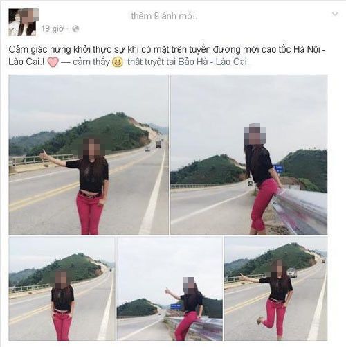 Cô gái trẻ ăn mặc thời trang đứng ven đường cao tốc Nội Bài - Lào Cai, vô tư thả dáng, uốn éo và giả vờ... vẫy xe đi nhờ cũng gây xôn xao khắp các trang mạng tin tức, giải trí tuần qua. Vị trí cô gái đứng chụp ảnh là đoạn qua cầu Khe Sang, không phải nơi có thể được dừng đỗ. Theo tìm hiểu, cô gái trẻ trong loạt ảnh trên là một nữ phóng viên, BTV, MC của đài Hà Nội.