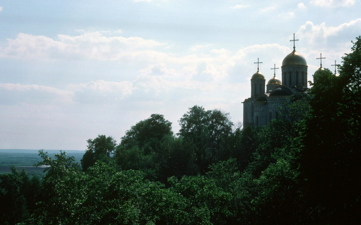 Các mái vòm của nhà thờ chính tòa Đức Mẹ về trời ở Vladimir hiện ra sau những tán cây xanh.