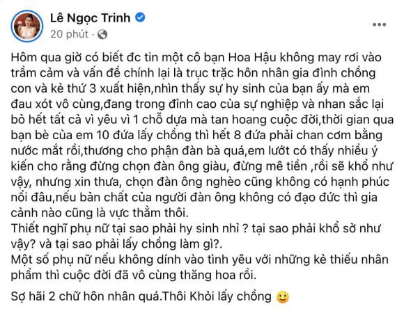 Dien vien Le Ngoc Trinh tuyen bo 