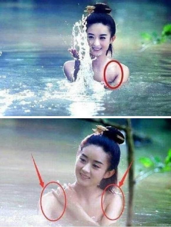 Trong phim cổ trang "Hoa Thiên Cốt", đoàn quay phim của Triệu Lệ Dĩnh sử dụng dây vai trong cho Triệu Lệ Dĩnh mặc trong cảnh quay tắm dưới nước. Nhưng dù có cố gắng ẩn chúng thế nào đi chăng nữa, "mắt cú vọ" của netizen vẫn nhìn thấy lỗi lộ dây áo ở cảnh này. Có cư dân mạng bình luận hóa ra người thời xưa đã phát minh ra loại dây trong suốt này từ ngàn năm trước, và vẫn còn được tin dùng đến tận bây giờ.