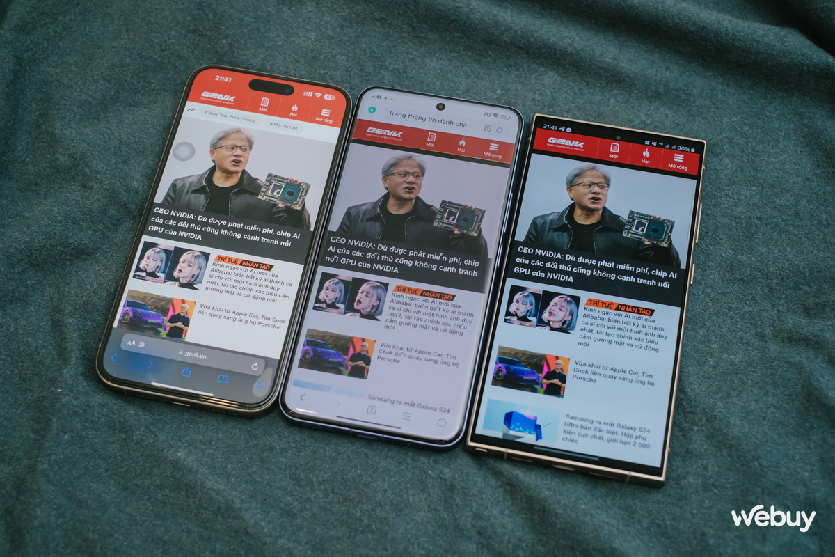 iPhone 15 Pro Max sử dụng thiết kế Dynamic Island với phần khoét màn hình "viên thuốc", nơi chứa camera selfie và cụm camera TrueDepth. Xiaomi 14 Ultra và Galaxy S24 Ultra đều sử dụng thiết kế "nốt ruồi" với camera selfie nhỏ đặt ở chính giữa cạnh viền trên. Cả 3 đều có thiết kế viền mỏng và mỏng đều ở các cạnh. Xiaomi 14 Ultra và Galaxy S24 Ultra tích hợp thêm cảm biến vân tay phía dưới, còn iPhone sử dụng Face ID
