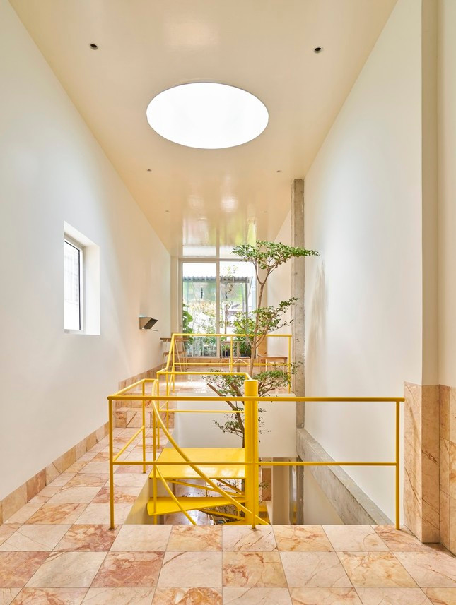 Kết hợp với cầu thang là khoảng thông tầng được bố trí thêm cây xanh, vừa tạo điểm nhấn cho trục đứng vừa tạo bất ngờ thú vị cho những vị khách đến cửa hàng.