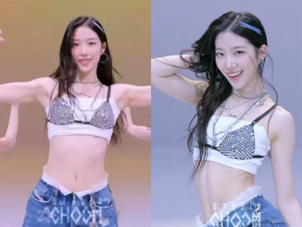 iệc phối bikini đính đá ra ngoài áo quây khiến ý đồ tăng điểm nhấn cho bộ trang phục của Kazuha phản tác dụng. Stylist của nhóm đã nhận về nhiều lời chê bai sau khi màn trình diễn này được đăng tải (Ảnh: Choom).