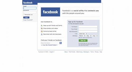Sang 2008, trang chủ Facebook mang luôn cả khu vực cho người đăng ký mới thay vì phải nhấp vào nút đăng ký như trước