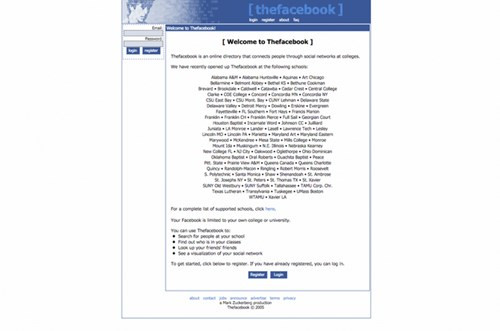 Trang chủ Facebook năm 2005 liệt kê các trường mà Facebook có mặt, lúc này vẫn còn hình ảnh của Al Pacino ở góc trái