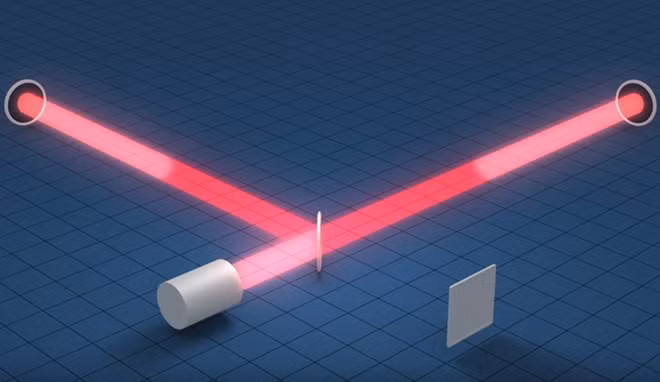 Trong ống, chùm laser phản chiếu qua lại giữa hai tấm kính rồi trở về bộ phân chùm. Khi đó hai chùm laser hợp nhất và nguồn sáng ban đầu phục hồi. Với những điều kiện bình thường, đương nhiên độ dài hai chùm laser sẽ bằng nhau. Ảnh: Caltech