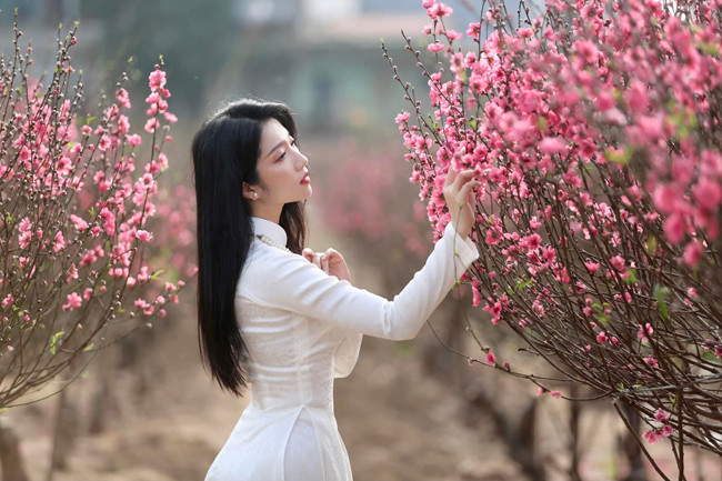 Đọ sắc bên loài hoa đặc trưng của ngày Tết, nữ biên tập viên nổi bật với nhan sắc yêu kiều.