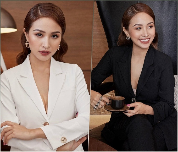 Nữ MC Đường lên đỉnh Olympia cá tính, quyền lực khi khoác lên mình bộ vest màu trắng và đen theo mốt giấu nội y quyến rũ. Cùng lay-out khá Tây và sang trọng, Vân Hugo chọn kiểu tóc chải gọn và phụ kiện tone-sur-tone với cúc áo để tổng thể càng thêm cuốn hút.