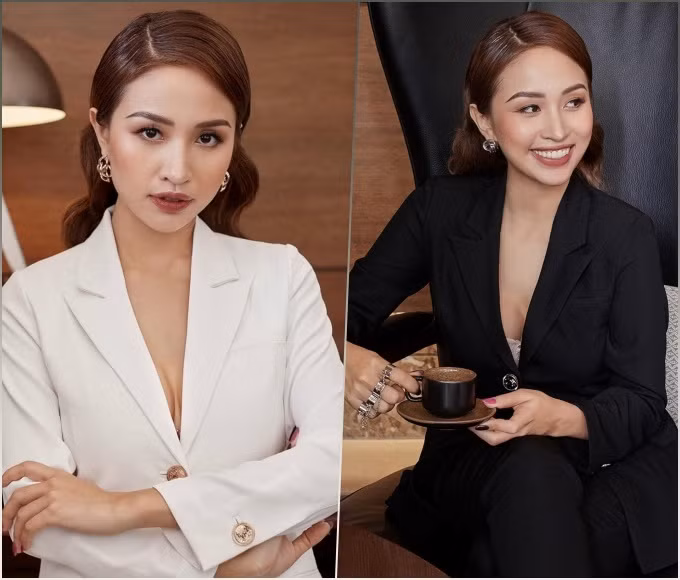 Nữ MC Đường lên đỉnh Olympia cá tính, quyền lực khi khoác lên mình bộ vest màu trắng và đen theo mốt giấu nội y quyến rũ. Cùng lay-out khá Tây và sang trọng, Vân Hugo chọn kiểu tóc chải gọn và phụ kiện tone-sur-tone với cúc áo để tổng thể càng thêm cuốn hút.