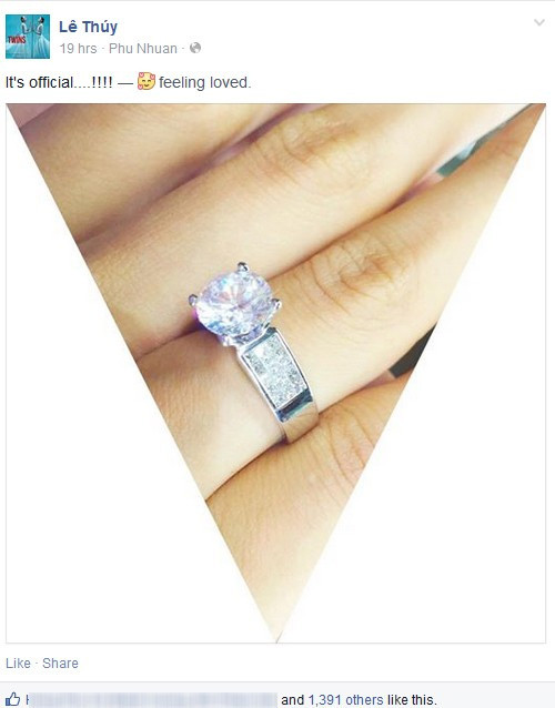 Lê Thúy khoe nhẫn cưới trên trang cá nhân.