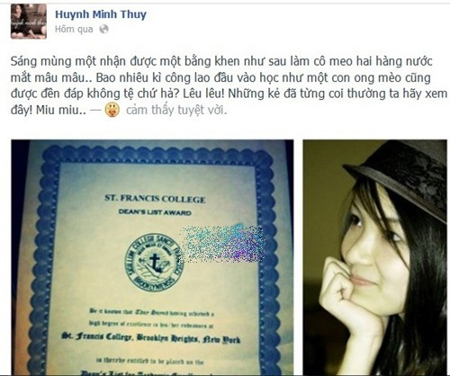  2. Thủy Top: Thủy Top tên thật là Huỳnh Minh Thủy, sinh năm 1989. Cô nổi lên trong phòng trào hot girl đầu tiên tại việt nam với vai trò người mẫu ảnh, diễn viên. Thời gian gần đây người đẹp còn lấn sân sang cả lĩnh vực ca nhạc. Từ lâu, mọi người thường quan niệm người nổi tiếng có thành tích học tập khiêm tốn nên hot girl Hà thành cũng dính định kiến đó. Mới đây “siêu vòng một” đã khoe tấm bằng xuất sắc sau thời gian du học tại trường St Francis College, New York (Mỹ).