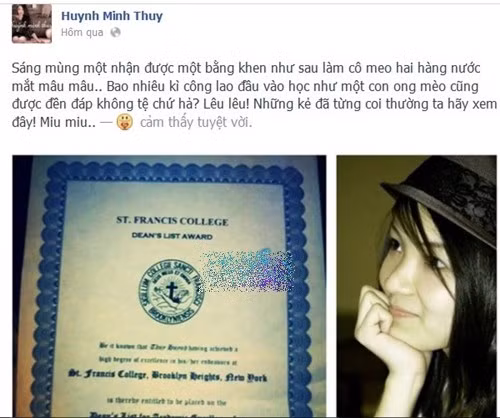  2. Thủy Top: Thủy Top tên thật là Huỳnh Minh Thủy, sinh năm 1989. Cô nổi lên trong phòng trào hot girl đầu tiên tại việt nam với vai trò người mẫu ảnh, diễn viên. Thời gian gần đây người đẹp còn lấn sân sang cả lĩnh vực ca nhạc. Từ lâu, mọi người thường quan niệm người nổi tiếng có thành tích học tập khiêm tốn nên hot girl Hà thành cũng dính định kiến đó. Mới đây “siêu vòng một” đã khoe tấm bằng xuất sắc sau thời gian du học tại trường St Francis College, New York (Mỹ).