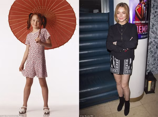 Cô bé Lohan đáng yêu tạo dáng cùng một chiếc ô và hình ảnh nữ diễn viên 28 tuổi của hiện tại, sau bao nhiều thăng trầm của cuộc sống.