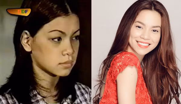 Hình ảnh Hồ Ngọc Hà với mái tóc tỉa, chẻ ngôi giữa khi đóng "Hoa cỏ may" với hình ảnh một ngôi sao đình đám của showbiz Việt bây giờ với mái tóc dài, xoăn, buông xõa quả là khác hẳn nhau.