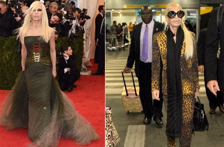 Khuôn mặt của Donatella thay đổi khá nhiều so với trước, và chỉ so với từ đầu năm đến giờ, khi đi dự tiệc Met Ball Gala (trái), trông bà đã khác nhiều.