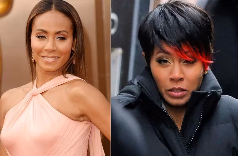 Nữ diễn viên Jada Pinkett Smith xuống sắc khi để mái tóc ngắn, màu đen cùng một chút mái nhuộm đỏ.