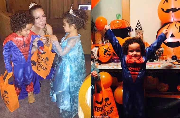 Mariah Carey cho hai bé sinh đôi Moroccan và Monroe mặc trang phục người nhện và Elsa, nhân vật trong phim Frozen.