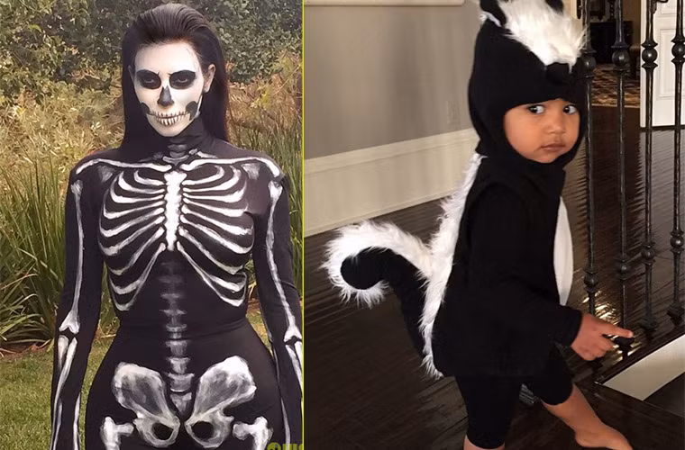 Kim Kardashian mặc trang phục bộ xương và hóa trang cho con gái North West thành một chú chồn đáng yêu.