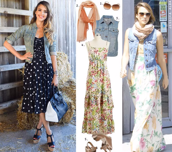 Váy hoa là một trong những món đồ street style yêu thích và không thể thiếu của Jessica Alba và nó thường được cô kết hợp rất đẹp với áo denim.