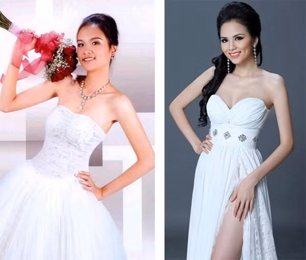 Hoa hậu Diễm Hương với trang phục váy cưới và phong cách trang điểm cũ, cách tạo dáng cũng thiếu chuyên nghiệp. Hiện tại, Diễm Hương ghi điểm nhờ vẻ đẹp đài các, quý phái.