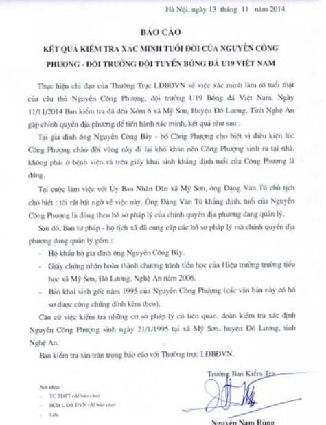 Văn bản kết luận của Ban kiểm tra VFF (ảnh nguồn bongdaplus).