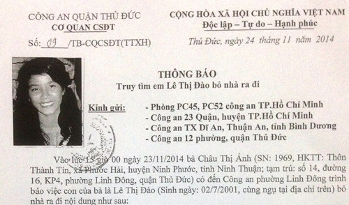 Thông báo truy tìm em Lê Thị Đào gởi đến các đơn vị công an của công an quận Thủ Đức, TP HCM.