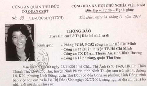 Thông báo truy tìm em Lê Thị Đào gởi đến các đơn vị công an của công an quận Thủ Đức, TP HCM.