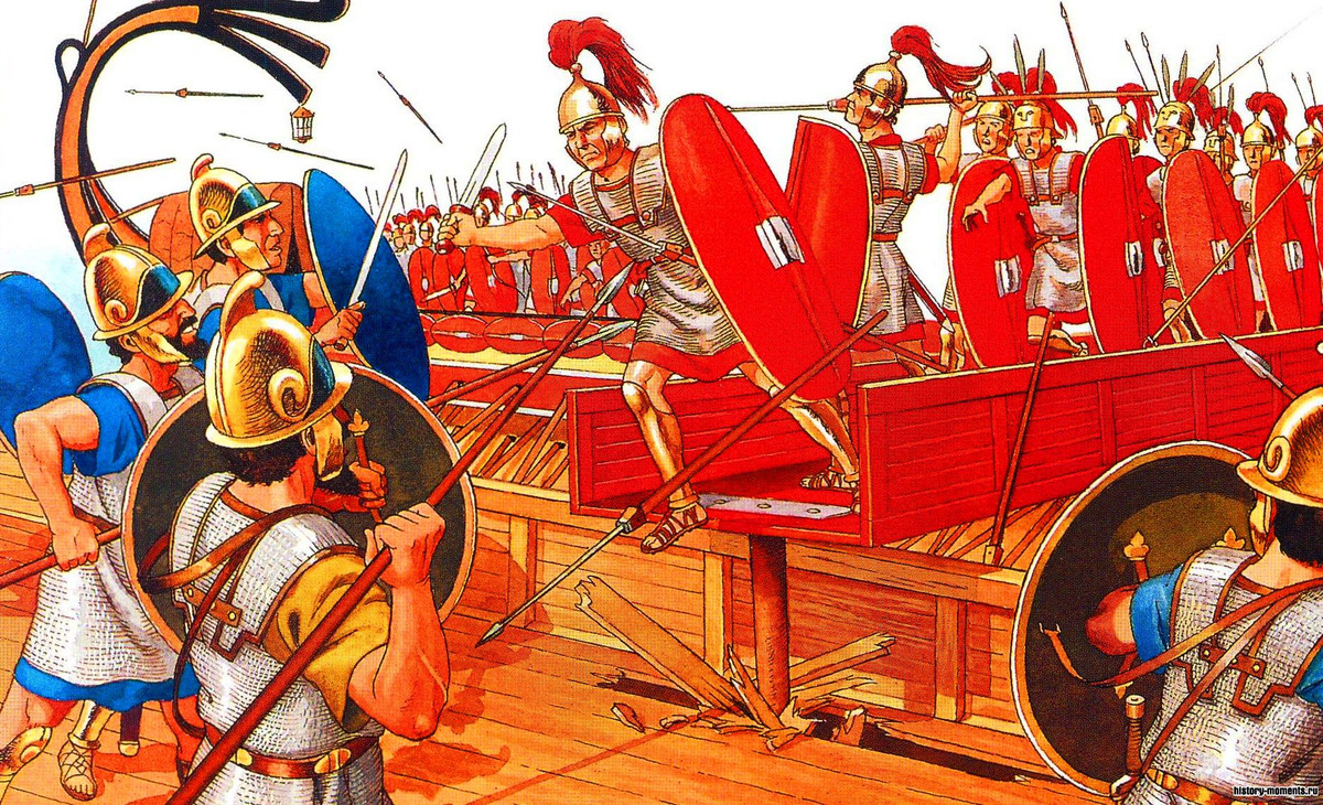 Cầu nối Corvus đã mang lại chiến thắng vang dội cho quân đội La Mã tại trận Cape Ecnomus (năm 256 TCN), trong cuộc chiến tranh Punic lần thứ nhất (264-241 TCN) giữa La Mã và Carthage