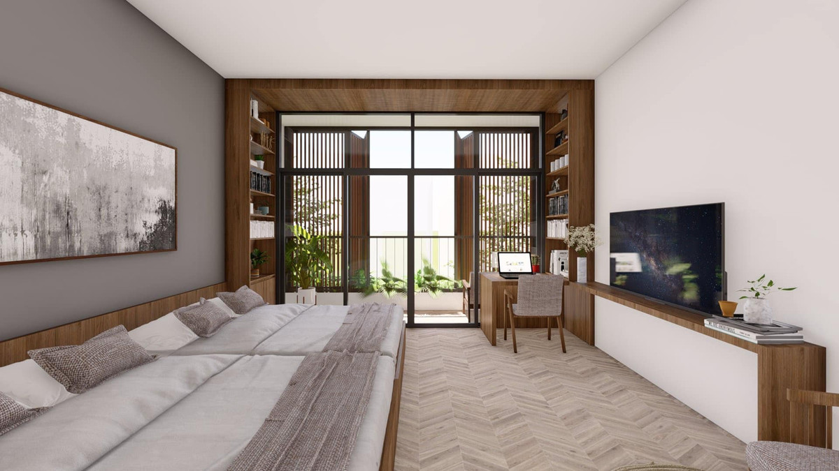 Phòng ngủ rộng rãi với hệ giường lớn.