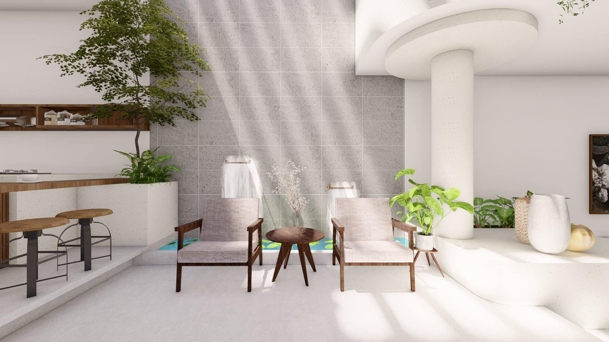 Cầu thang đá mài, có độ bám dính tốt, tránh trơn trượt. Giữa phòng khách và bếp là một giếng trời nhỏ, bên trên có cửa kính đẩy ra được theo nhu cầu sử dụng. Phía dưới là hồ nước điều hòa trồng hoa súng, hoa sen. Nhóm thiết kế cho đặt bộ bàn uống trà nhỏ, tạo thành góc chill, thư giãn cho mọi người. Cây xanh ưu tiên bố trí ở nơi nhiều ánh nắng.