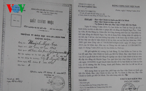 Giấy chứng nhận tốt nghiệp THPT giả của vị Giám đốc Sở Công thương và Công văn của UBKT Tỉnh ủy Gia Lai đề nghị thu hồi.