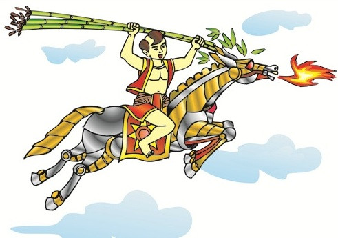 Sứ giả vừa kinh ngạc, vừa mừng rỡ, vội vàng về tâu vua. Nhà vua truyền cho thợ ngày đêm làm gấp những thứ mà Thánh Gióng nói. Kỳ lạ hơn nữa là sau hôm gặp sứ giả, Thánh Gióng lớn nhanh như thổi. Cơm ăn mấy cũng không no, áo vừa mặc xong đã căng đứt chỉ. Hai vợ chồng làm ra bao nhiêu cũng không đủ nuôi con. Theo đó, bà con hàng xóm đã góp gạo thóc nuôi Thánh Gióng vì mong muốn cậu bé sẽ giết giặc, cứu nước.