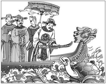  Lúc ấy, Lê Thái Tổ chợt nhớ đến lưỡi gươm mà Lê Thận cho với hai chữ "Thuận Thiên" đã giúp ngài đánh tan giặc ngoại xâm. Khi ngài vừa rút gươm ra khỏi vỏ thì lưỡi gươm đã tự bay về phía rùa vàng. Rùa ngậm lưỡi gươm và lặn xuống hồ và từ đấy hồ có tên là hồ Hoàn Kiếm (dân gian quen gọi là hồ Gươm).