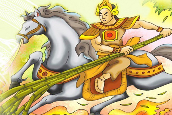 Khi có giặc Ân đến xâm phạm bờ cõi nước ta, nhà vua truyền cho sứ giả đi khắp nơi tìm người tài giỏi cứu nước. Thánh Gióng nghe tin, bỗng dưng cất tiếng nói: "Mẹ ra mời sứ giả vào đây". Sứ giả vào, đứa bé bảo: "Ông về tâu vua sắm cho ta một con ngựa sắt, một cái roi sắt và một tấm áo giáp sắt, ta sẽ phá tan lũ giặc này".