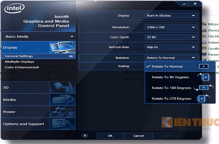 Trong bảng Intel: Click chuột chọn Display -> vào Rotation -> chọn Rotate to Normal.