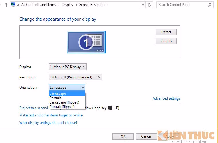 Sau khi vào mục Screen resolution -> chọn Orientation -> chọn Landscape và cuối cùng nhấn Ok để hoàn tất việc xoay màn hình Destop về như cũ.