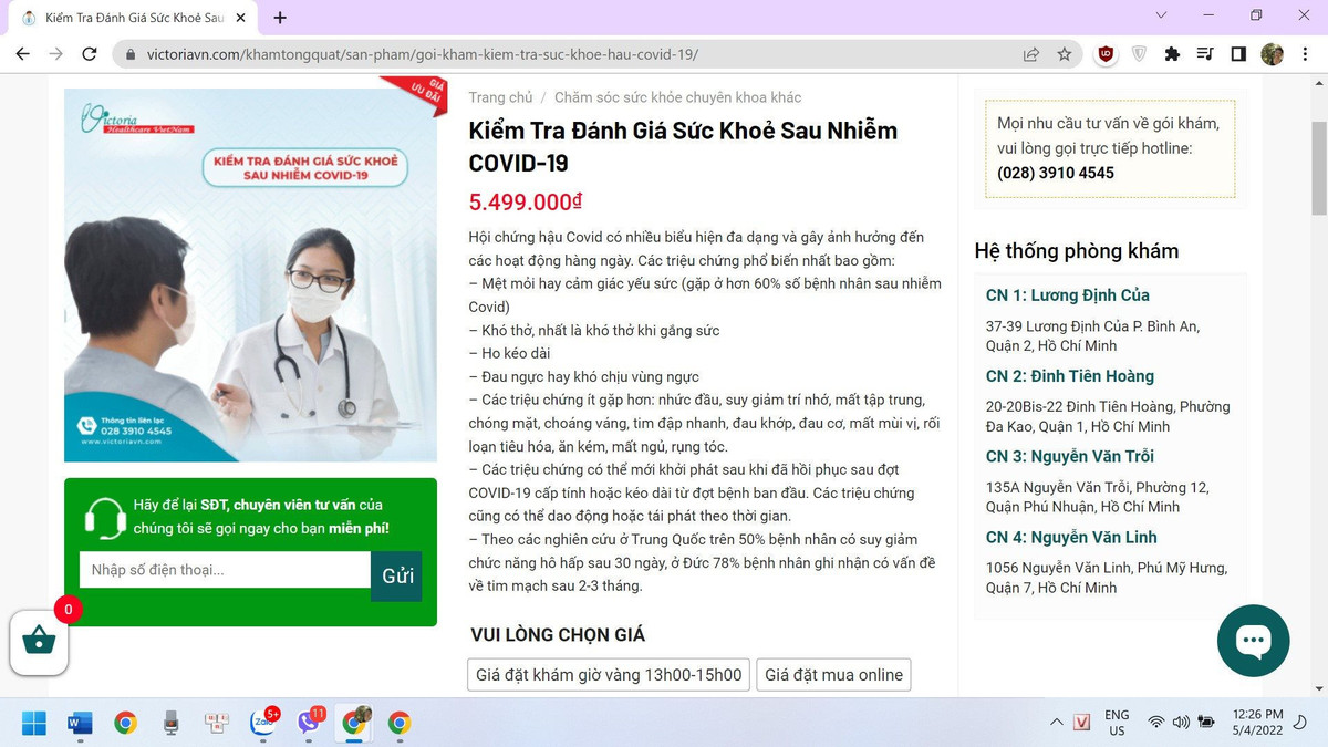Kiểm tra đánh giá sức khoẻ sau nhiễm Covid-19 tại Phòng khám Quốc tế Victoria có giá là 5.499.000đ. kham-hau-covid.jpg