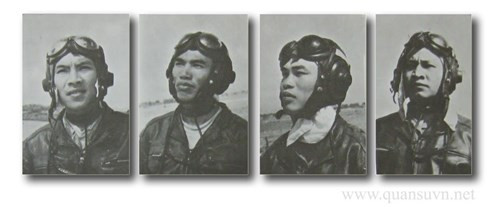 Từ trái sang phải, các phi công: Trần Hanh, Phạm Dây, Lê Minh Huân và Trần Nguyên Năm lập chiến công lẫy lừng - ngày 4/4/1965 hạ tại chỗ 2 F105D, con chủ bài của không quân chiến thuật Mỹ.
