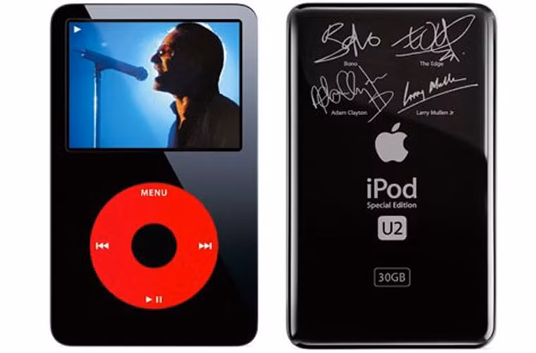  Máy nghe nhạc U2 iPod (2004-2004). Máy nghe nhạc U2 là sản phẩm của sự hợp tác giữa Apple và ban nhạc U2, trong đó đĩa đơn “Vertigo” của U2 được phân phối độc quyền thông qua gian hàng trực tuyến iTunes. Nhưng chiếc iPod này không thành công. Giá của iPod U2 cao hơn 50 USD so với phiên bản thông thường, và người tiêu dùng nhận thấy chẳng có lý do gì để mua nó.