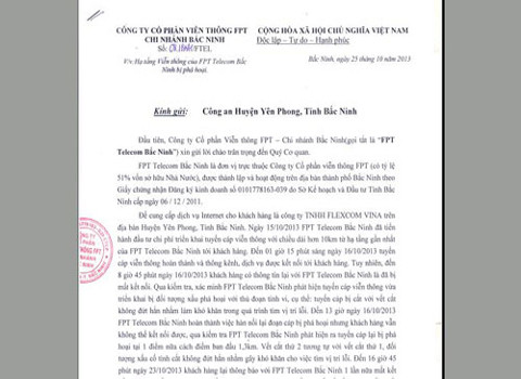 Công văn FPT Telecom gửi đến công an huyện Yên Phong.