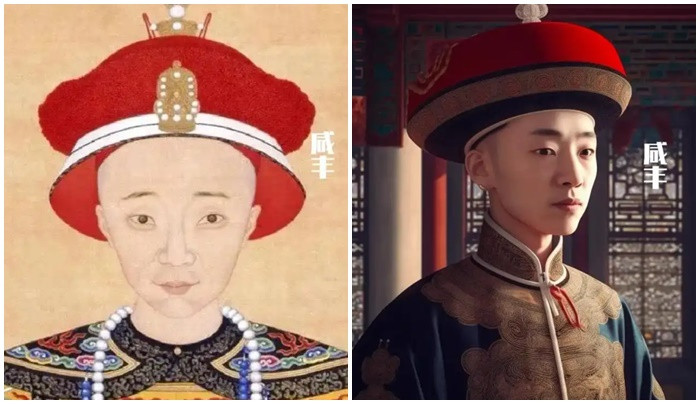  Hàm Phong: Hàm Phong hoàng đế trị vì từ năm 1851 đến năm 1861. Là con trai của Đạo Quang hoàng đế, ông phải đối mặt với cuộc khủng hoảng nghiêm trọng nhất của nhà Thanh - cuộc khởi nghĩa Thái Bình Thiên Quốc và Chiến tranh Nha phiến lần thứ hai. Mặc dù ông đã cố gắng thực hiện cải cách để đối phó với những cuộc khủng hoảng này nhưng không thành công. Vua Hàm Phong khôi ngô, tuấn tú trong hình ảnh phục dựng bằng AI.(Ảnh: QQ News) 