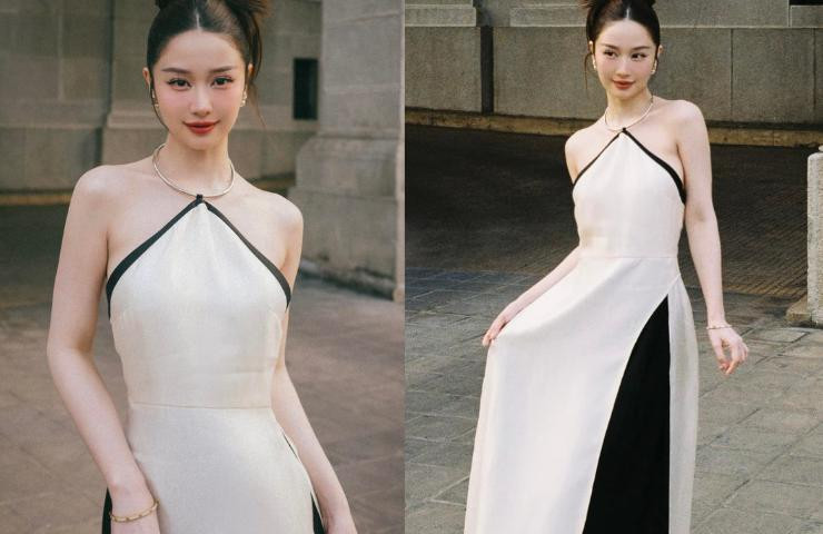 hiếc đầm cổ yếm làm nổi bật phần xương quai xanh, thân hình mảnh dẻ của nữ diễn viên.