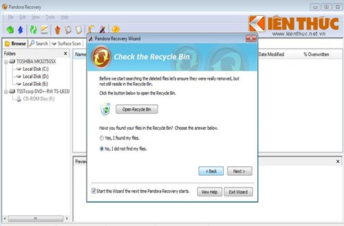 Cách 2: Ngoài ra bạn có thể sử dụng phần mềmPandora Recovery. Sau khi cài đặt, mở chương trình, chọn mục "No, I did not find my file", nhấn Next.