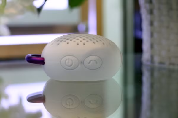 Ngoài ra, chiếc loa này còn tích hợp microphone. Khi có cuộc gọi đến có thể nghe và đàm thoại bằng loa này chứ không cần cầm điện thoại. Trong ảnh là nút nguồn và nút nhận cuộc gọi.