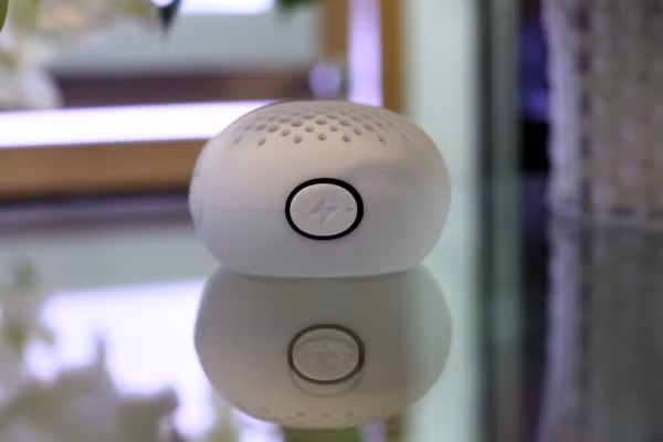 Khe cắm sạc của loa được giấu dưới nút này.