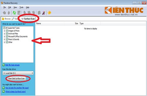 Ngoài ra nếu bạn không nhớ thông tin gì về file đã mất (chứa ở ổ nào, tên là gì...), nhấn tab Surface Scan.Chọn "Images and photos" tìm ảnh (đuôi jpg, gif,png..), "Archived file" dữ liệu nén, "Music and sound"file âm thanh.
